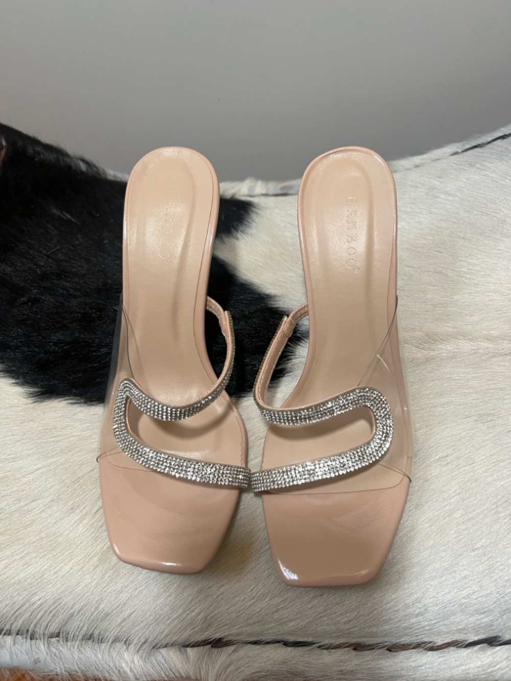 BAMBOO Blush Rhinestone Square-Toe Slide Heels
